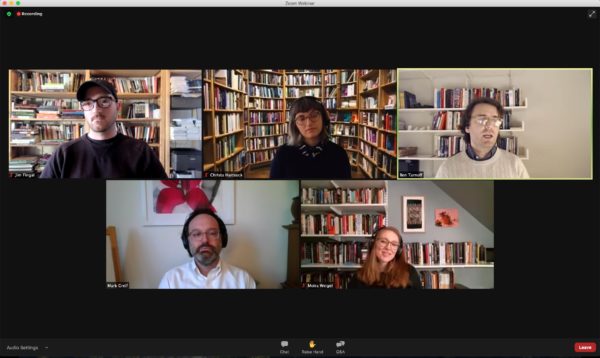 A Zoom screenshot from the webinar, featuring the four panelists and professor Mark Greif.