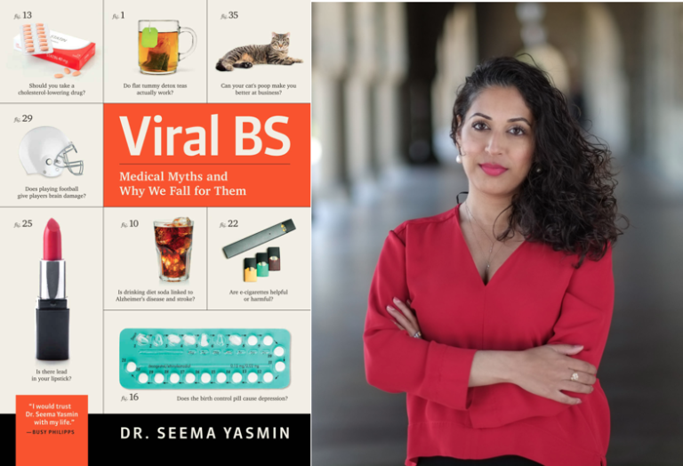 On the left, the book cover for "Viral BS"; on the right, a photograph of Dr. Seema Yasmin