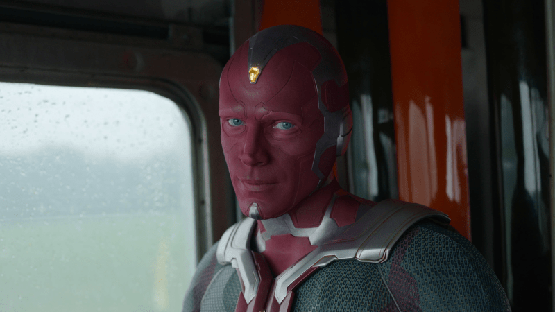 Vision stares at the camera, breaking the fourth wall in WandaVision episode seven