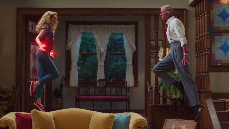 Wanda and Vision levitate above their couch in WandaVision Episode 5