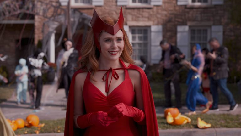 Wanda dressed in her original costume from the Marvel Comics for Halloween trick-or-treating