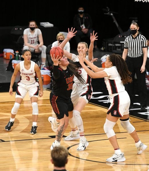 Sophomore forward Haley Jones (above, right) had 14 points and 10 rebounds against USC on Thursday to record her sixth double-double of the season. Stanford women's basketball will now face fifth-seed Oregon State on Friday. (Photo: Pac-12 Network)