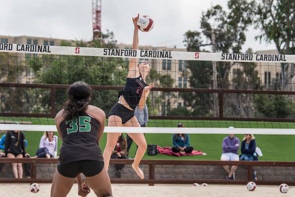 Junior Charlie Ekstrom (above) and senior Sunny Villapando operated as the No. 1 pair for Stanford beach volleyball in wins over Saint Mary's and UC Davis. Ekstrom and Villapando earned two victories on Saturday to move to 4-1 on the season. (PHOTO: Karen Ambrose Hickey)