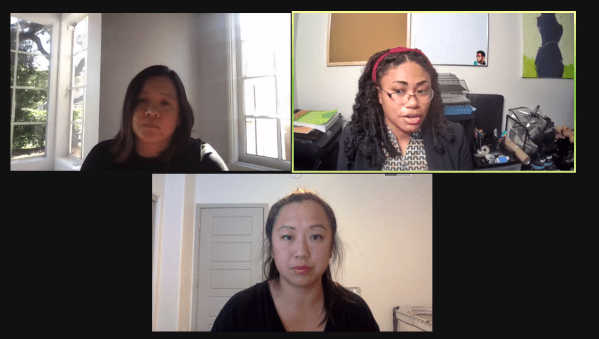 Screenshot of Elena Shih, Lee Ann Wang and moderator Melissa Brown on a Zoom call.