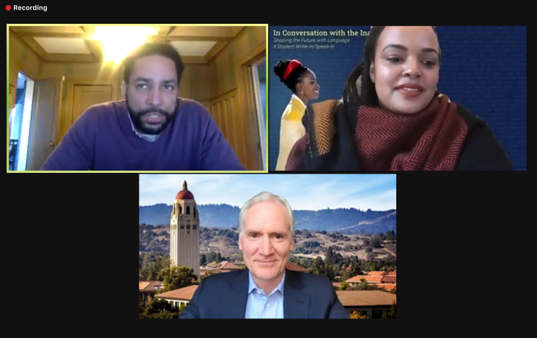 Adam Banks, A-lan Holt (director for the Institute for Diversity in the Arts), and Marc Tessier-Lavigne in a Zoom room