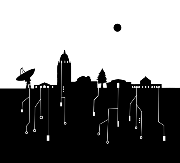 An outline of campus landmarks the Dish, and Hoover Tower in Black on a white background. Semiconductor lines stem from the outlines to mimic a computer chip.