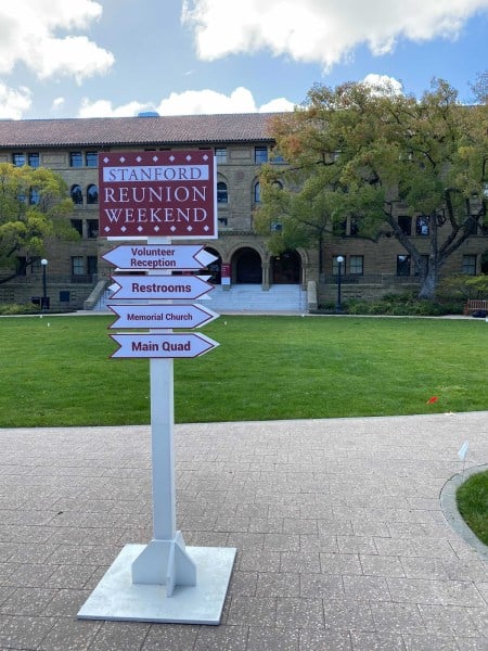 Stanford Reunion Weekend Sign by Encina Hall (Photo: ANASTASIIA MALENKO/The Stanford Daily)
