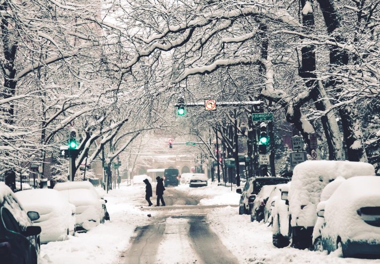 A snow-covered street lined with trees