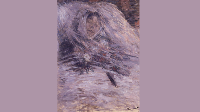 painting of a woman, her eyes closed and body wrapped in purple-white clothing