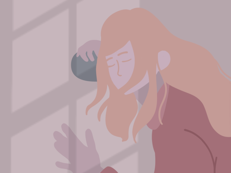 an illustration of a woman leaning her ear against a window
