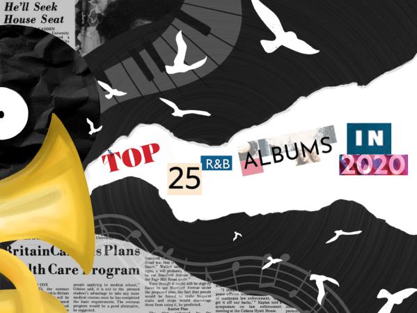 Collage of trumpet and words saying "top 25 R&B albums in 2020"