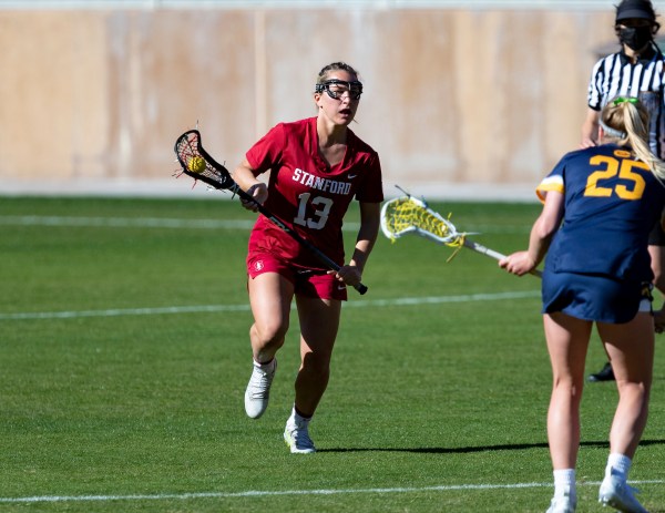 Senior attacker Ali Baiocco (above, 13) tied her own program high of eight goals on Sunday in a 16-15 Cardinal win.(Photo: JOHN LOZANO/isiphotos.com)