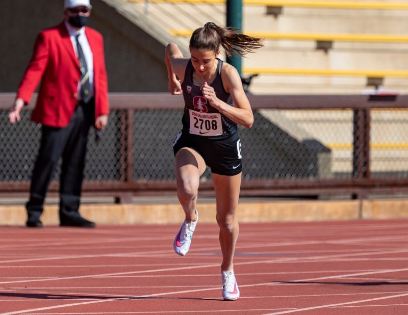 Freshman Ellie Deligianni (above) cruised to a fourth-place 2:06.97 finish in the women's invitational 800 meters at the Oregon Relays, setting a new personal record in the process. The weekend was Stanford's second-to-last regular season competition. (Photo: JOHN LOZANO/isiphotos.com)