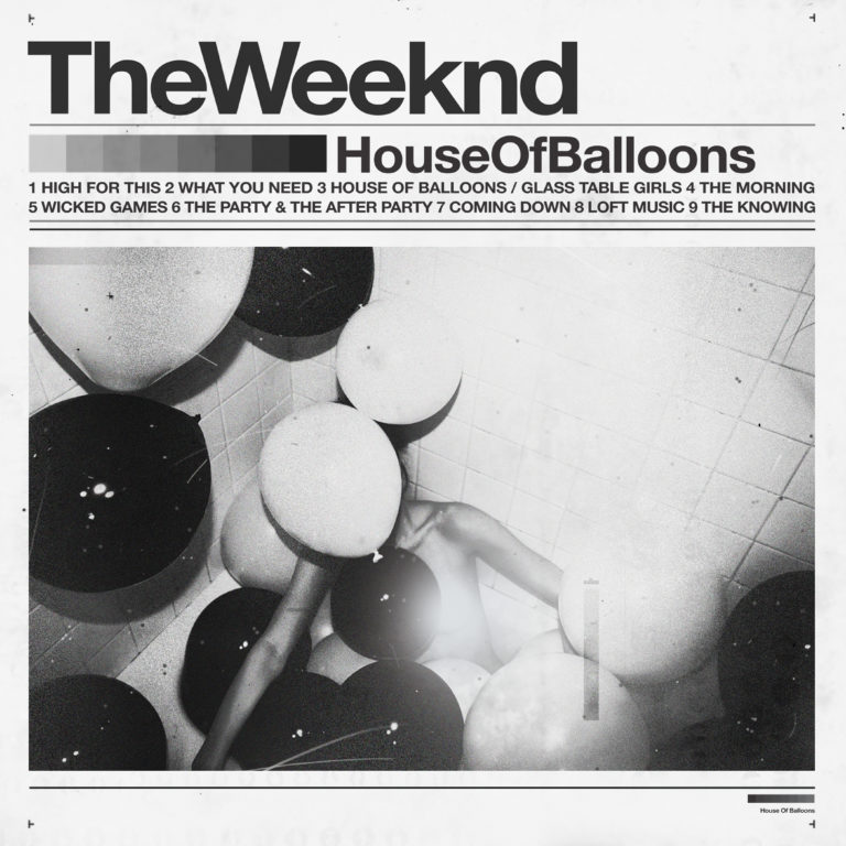 Black and white album cover featuring balloons and a woman