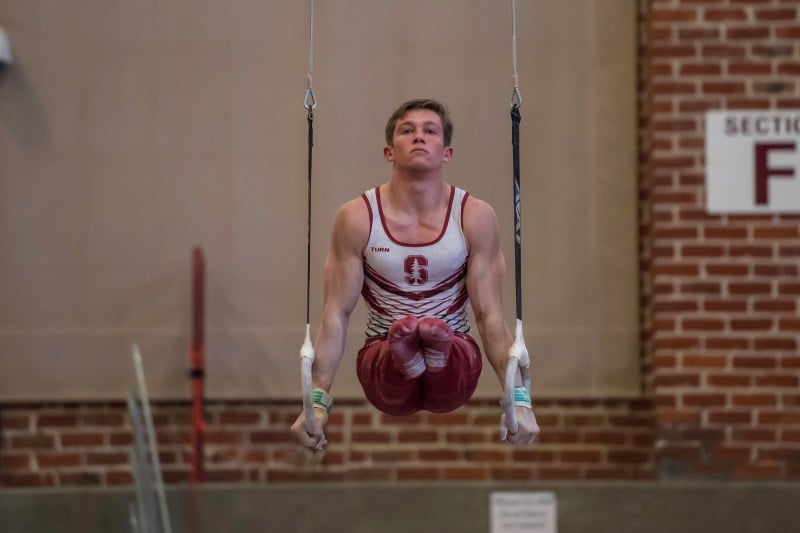 Junior Ian Gunther (above) posted season-highs on pommel horse (13.900) and still rings (14.350) to claim two individual titles at the 2021 MPSF Championships. The Cardinal fell just short of snapping No. 1 Oklahoma's eight-title streak. (Photo: KAREN HICKEY/isiphotos.com)