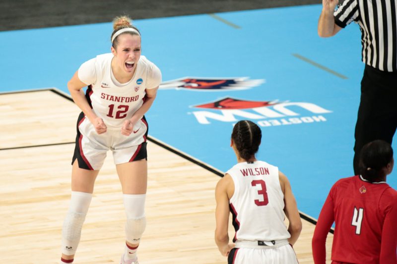 Junior guard Lexie Hull (above, left) and fifth-year guard Anna Wilson (above, right) have been instrumental in the continuous success of Stanford women's basketball. With a spot in the NCAA title game on the line, the Cardinal is set to face South Carolina on Friday. (Photo:EVERT NELSON/Getty Images)