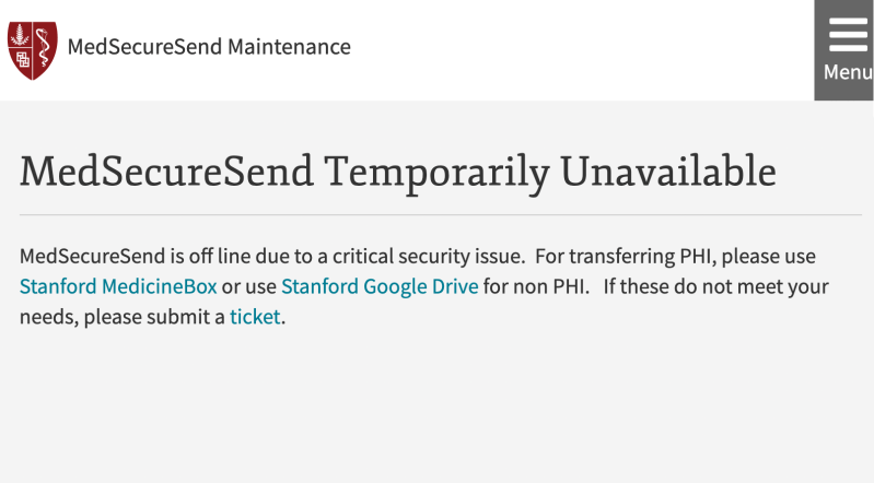 A Stanford Medicine file transfer system was taken offline following the discovery of a major security breach. (Screenshot: SAM CATANIA/The Stanford Daily)