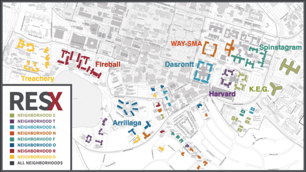 Map of Stanford campus with color-coded neighborhoods.