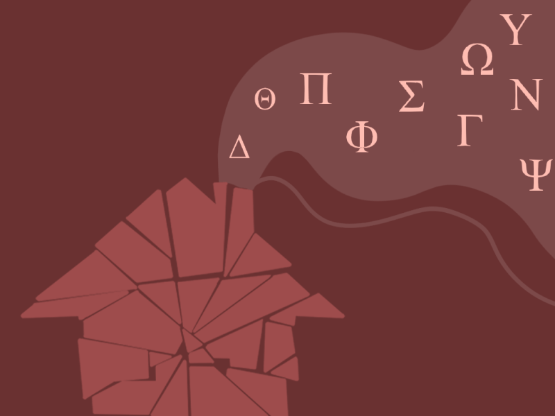 Red image of a broken house and Greek letters