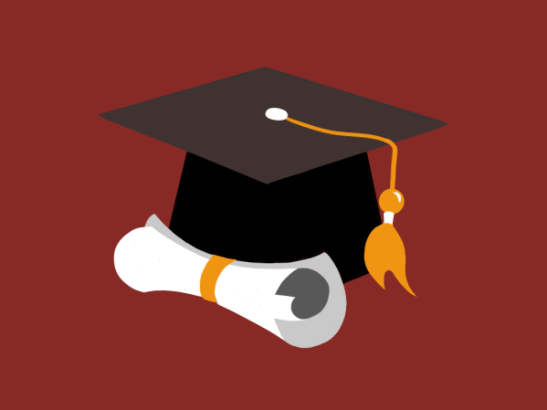 A graphic of a graduation cap with a diploma.