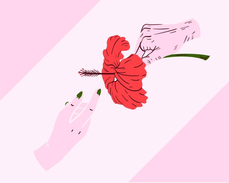 A graphic of two hands pulling at a flower