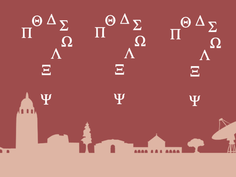 A graphic of Greek letters forming question marks over a silhouette background of Stanford campus