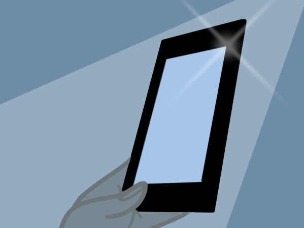 illustration of a hand holding up a kindle to a ray of light