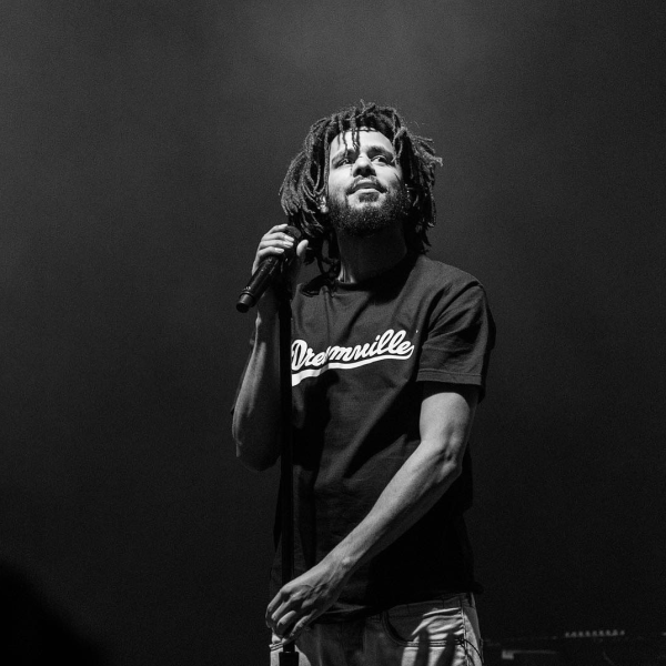 Black and white photo of J. Cole.