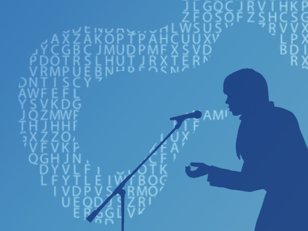 A graphic with a silhouette of a person speaking into a microphone, letters floating in the air like smoke