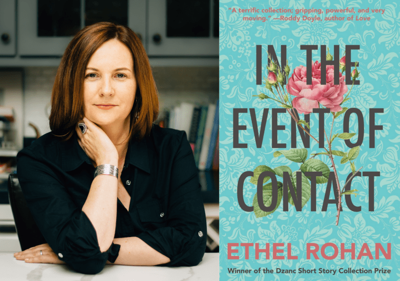 right: headshot of author Ethel Rohan; left: book cover, with title and a pink rose set against a blue floral background
