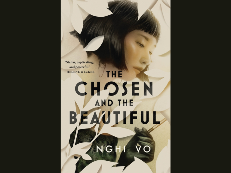 cover of "The Chosen and the Beautiful" — white cutout flowers surrounding an Asian woman with short hair and holding a cigarette