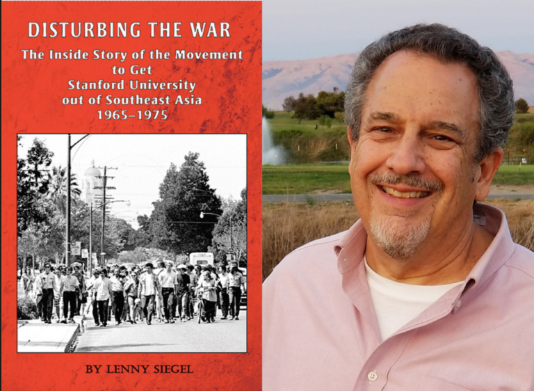 left: cover of "Disturbing the War" — red background with black and white photo of student activists marching on street; right: headshot of Lenny Siegel