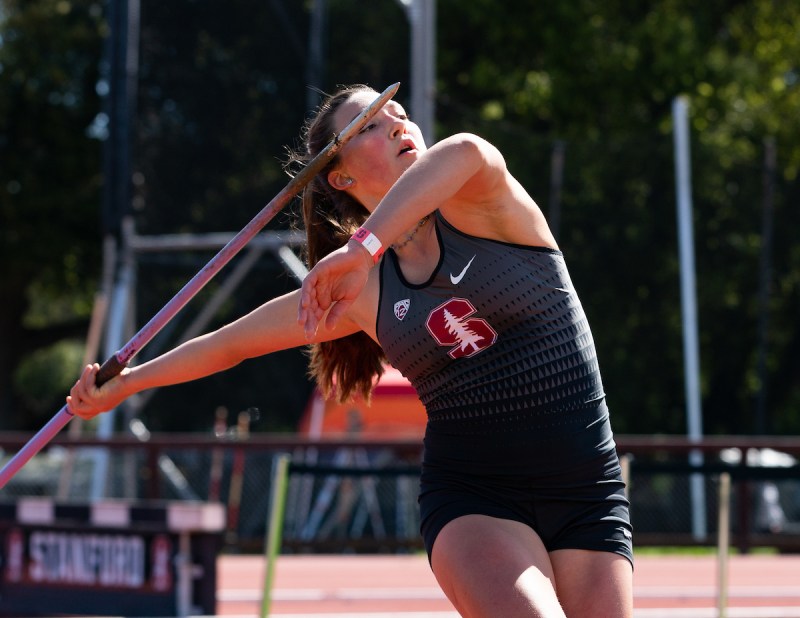 Senior Virginia Miller (above) has a chance to capture Stanford's ninth-consecutive women's javelin Pac-12 title. The Pac-12 Championships begin Friday in Los Angeles. (Photo: JOHN P. LOZANO/isiphotos.com)