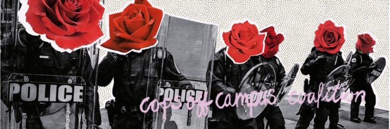 A collage with illustrations of police in riot gear, their reads replaced by illustrations of roses