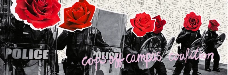 A collage with illustrations of police in riot gear, their reads replaced by illustrations of roses