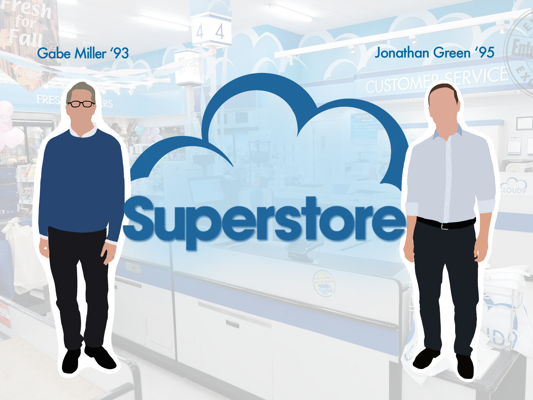 Graphic of Gabe Miller and Jonathan Green standing in front of the 'Superstore' logo