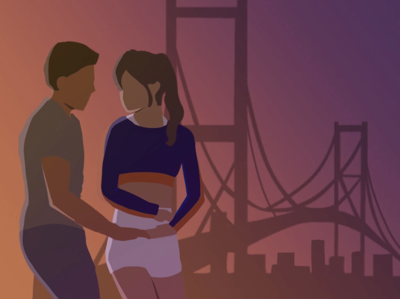 Graphic of two people dancing in a city scape.