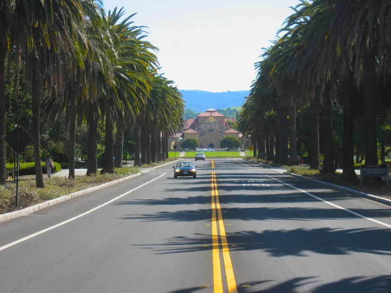 View of Palm Drive leading to the Memorial Church at Stanford