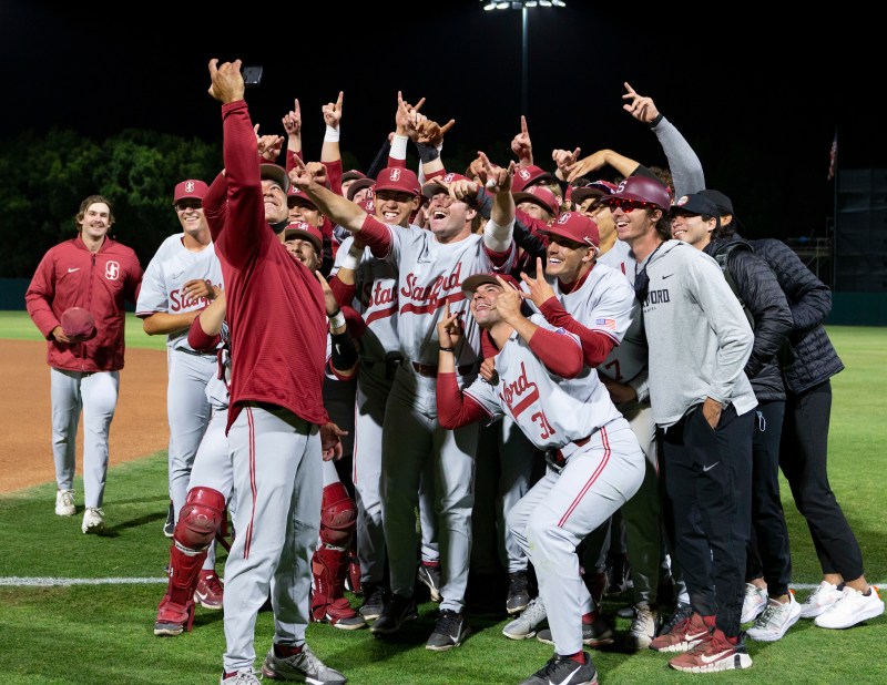 Stanford baseball following the team's win over UC Irvine on June 7. The team went on to win back-to-back games by a combined score of 24-3 against Texas Tech to advance to the program's first College World Series appearance since 2008. (Photo: JOHN LOZANO/isiphotos.com)