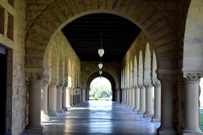 The archways and pillars surrounding Stanford's main quad.