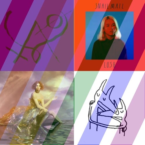 Four album covers with a rainbow overlay