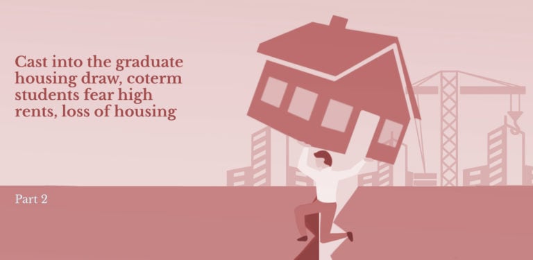 A large banner that reads: "Cast into the graduate housing draw, coterm students fear high rents, loss of housing, Part 2" next to a graphic of a person holding up a house while standing over a crack in the ground. Construction cranes are in the background.