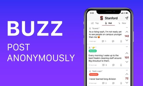 An image of the Buzz app and the words, "Buzz: Post Anonymously"