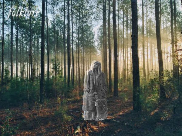A black and white image of Taylor Swift superimposed on a forest, with the stylized words "folklore."