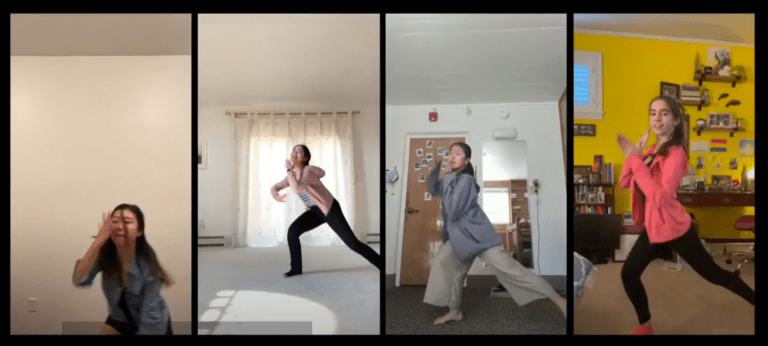 A screenshot of the performance, featuring four side-by-side videos of individual dancers in their own rooms.