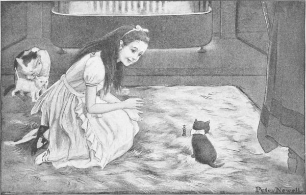 An illustration of a young girl playing with a small black kitten.