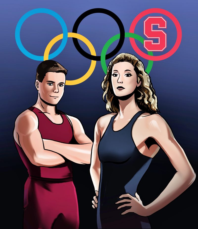 Two Stanford athletes standing against the Olympic Rings backdrop.
