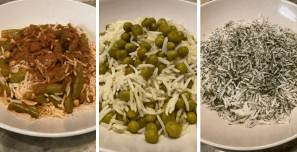 Pictures of finished dishes, from left to right: rice with green beans, curried rice, and dill rice