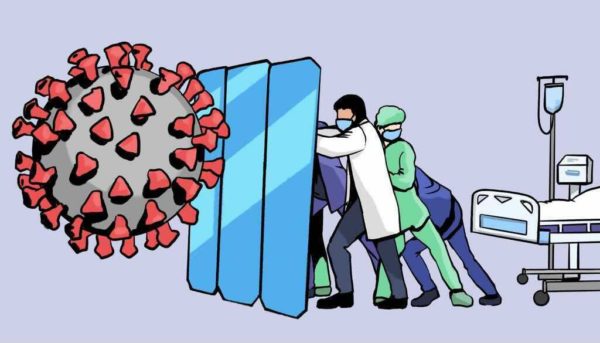 An illustrated graphic showing three health care workers fighting back a coronavirus molecule.