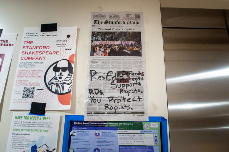Posters with "you protect rapists" hang on a wall in EVGR-A.